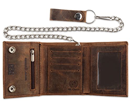 Image of F&L CLASSIC RFID Blocking Men's Tri-fold Vintage Biker Cowhide Leather Steel Chain Wallet,Snap closure, USA,Vintage buffalo brown,315