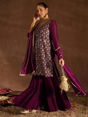 Image of INDO ERA Women's Embroidered Georgette Knee Length Straight Kurta & Sharara With Dupatta Set (SHTUR7823)