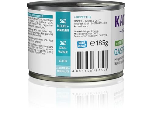 KATTOVIT - Gastro Nassfutter für Katzen | Katzen-Nassfutter zur Unterstützung des Magen-Darm-Systems | Diät-Alleinfuttermittel in der Dose für ausgewachsene Katzen. Glutenfrei | 12 x 185 g P