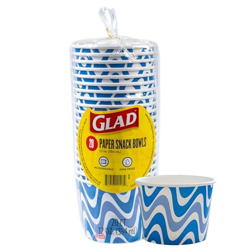 Glad Everyday Paper Snack Bowls with Blue Wave Print Lids Not Included - Heavy Duty Soak-Proof Microwavable Disposable Snack Bowls for Everyday Use 12 Ounces 20 Count