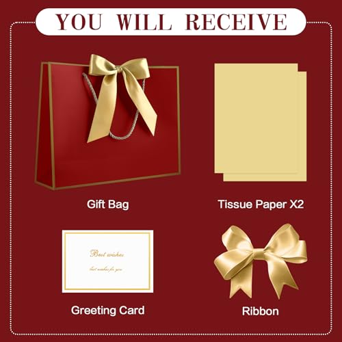 Image of JMANNI Mothers Day Gift Bags with Handles, 13 inch Medium Gift Bag for Presents, 1 Pcs Bags with 2 Tissue Paper and 1 Cards for Baby Shower Wedding Bridal Shower Mother's Day Birthday Party (GoldenRed)