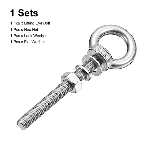 Image of uxcell Lifting Eye Bolt, 1 Set M12x100mm Eye Bolt with Nut Washer 304 Stainless Steel Shoulder Lifting Ring Eye Bolt for Hanging Item