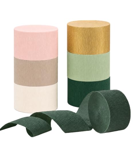 Image of Wedding Party Decorations, 6 Rolls Grass Green Gold Pink Olive Green Beige Khaki Crepe Paper Streamers for Green Boho Wedding, Bridal Shower, Bachelorette, Woodland Party Supplies Decor