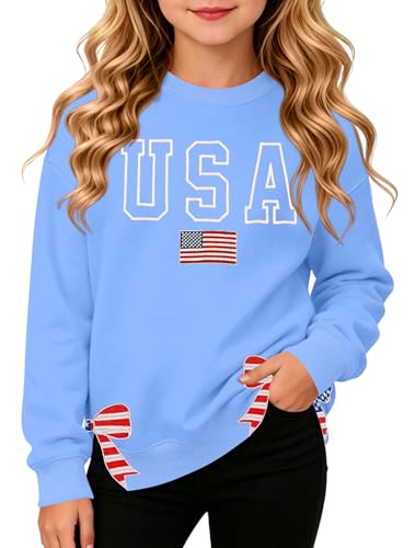 Image of Ithalt Kids USA Sweatshirt Boys Girls 4th of July Shirt American Patriotic Pullover with Embroidered Side Slits 5-14y