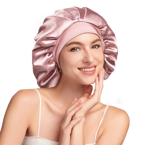 Umisleep Gorro de Seda para Dormir con Interior 100% Seda de Morera 6A de 22 Momme, Doble Capa – Gorro Grande para Pelo Rizado o Largo con Banda Ancha Ajustable, Antideslizante y ultrasuave, Rosa