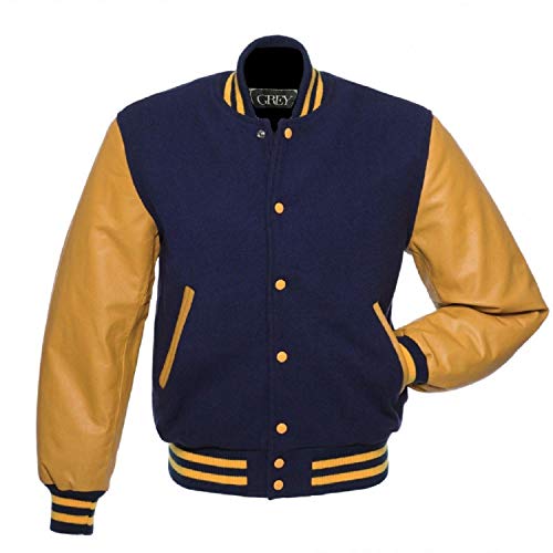 Varsity Jacket | Baseball Jacket Men | Letterman Jacket Men | Mens Leather Jacket | Genuine Leather Sleeve | Bomber Jacket (Navy Blue/Yellow Gold, XXXL)