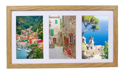 BD ART Marco de fotos 18 x 35 cm, para tres fotos, con paspartú 10 x 15 cm, en madera MDF de roble, moderno, para colgar en la pared o colocar en una cómoda