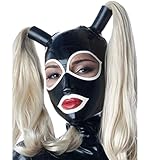 Latex Hood Riding Mask with Double Ponytail Handmade Christmas BDSM Fetish with Back Zipper for Party(Size:L-68CM)