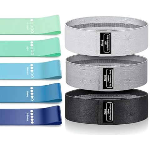 Bundle Set of 8 Resistance Bands for Workout, 5 Latex Exercise Bands and 3 Fabric Booty Bands with 2 Portable Bags Cover