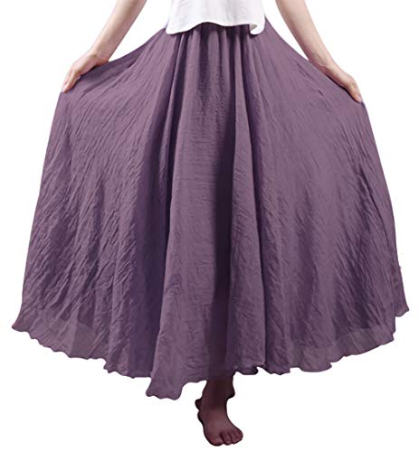 Femme Jupe Boheme Tour de Taille Elastique Casual en Lin Coton Maxi Jupon Mariage Plage Longue Pure Couleur Couche Double, Foncé Violet Cover