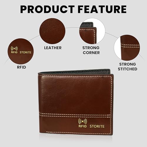 Image of Storite Men's PU Leather RFID Blocking Wallet - Slim Bifold Purse with Card Slots, ID Window & Cash Compartment - Everyday Use - Gift for Men - (Coffee Brown-11.5 x 9.5 x 2cm)