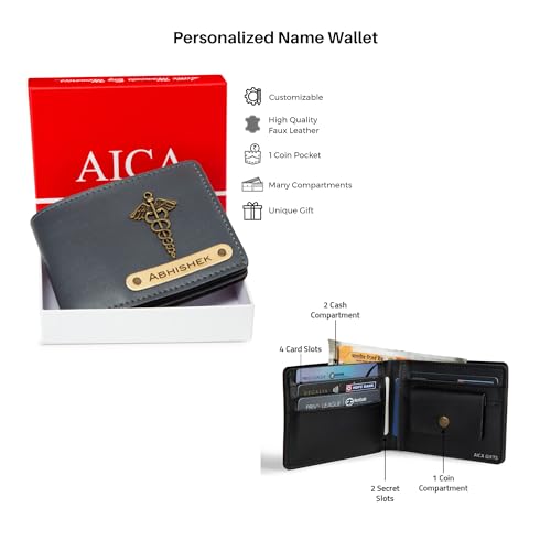 Image of AICA Personalized Name & Charm Grey Leather Wallet Mens Combo & LED Lamp Giftset | Customized Birthday Anniversary Wedding Gifts for Brother Husband Father Boyfriend | Gift Hamper