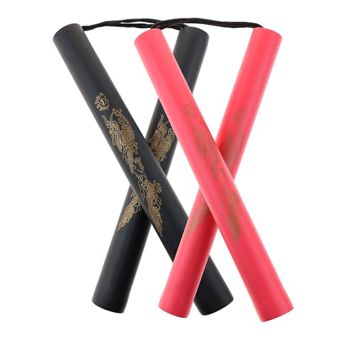 SparkFoam Safe Foam Rubber Training Nunchucks with Cord 2PCS for Kids & Beginners Practice and Training - Multi-Color and Style to Choose from (12 inch Foam with Cord, Black+Red w/Dragon)
