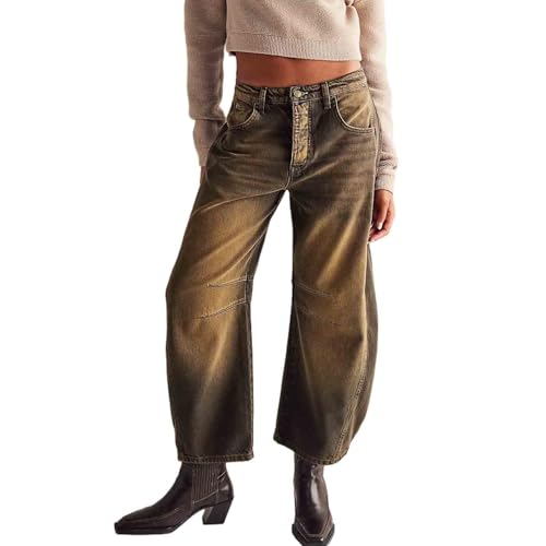 Women's casual loose fitting mid waist tube shaped jeans retro street fashion pants for women