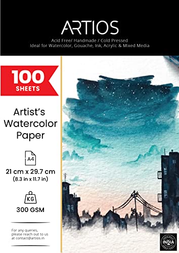 Image of ARTIOS Artists' Watercolor Paper A4 300 GSM - 100% Cotton, Cold-Pressed, Acid-Free, Handmade Water Colour Papers for Watercolour, Acrylic, Gouache, Ink & Mixed Media, 100 Sheets (84+16 Free)