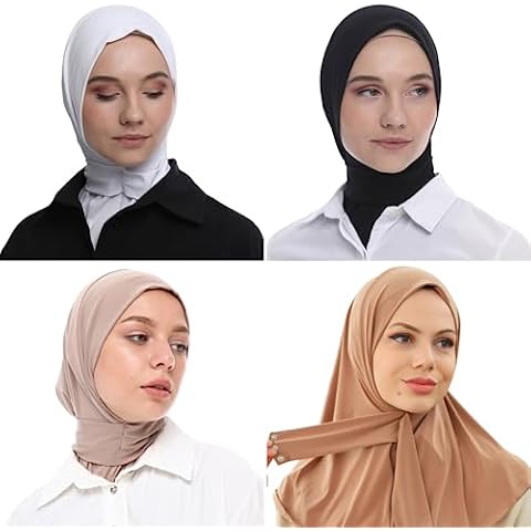 Bundle of Marwa Fashion Muslim Hijab for Women - (White, Black, Light Beige & Light Taupe) Premium Quality hijab scarf for women made up of 100% Stretchable Polyester, Instant hijab Cover