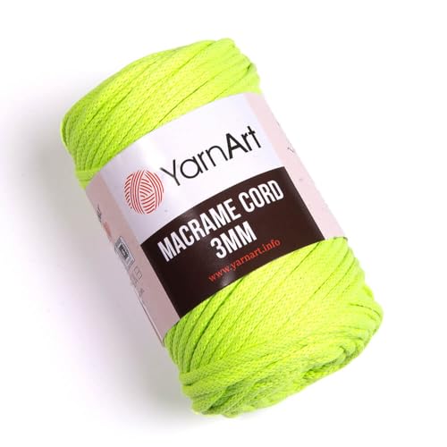 YarnArt Makramee-Schnur 3 mm – Makramee-Seil zum Basteln, Knoten, Wandbehang und Heimdekoration – 60 % Baumwolle, 40 % Viskose und Polyester, weich und langlebig (801-Neongrün)