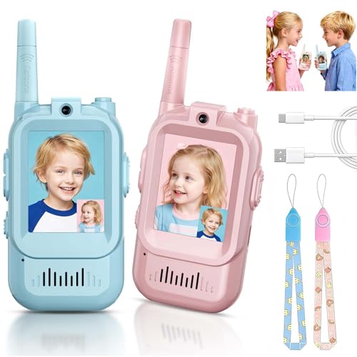VHV Talkie Walkie Enfants avec Vidéo & Caméra HD, Talkie-Walkie Rechargeable USB (650mAh), 4 Modes de Voix Changée, Portée 100-400m, Cadeau pour Garçons/Filles (Bleu+Rose)