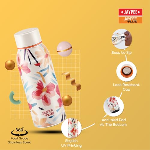 Image of Jaypee Plus Punch Prime Stainless Steel Printed Vacuum Insulated Water Bottle 500 ml | ISI Certified Rustproof & Leakproof Flask with 24Hrs Hot & Cold|Ideal for School Kids, Office & Travel - (Cream)