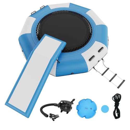 VEVOR Recreational Water Trampoline 10ft, Inflatable Water Bouncer Portable Bounce Swim Platform with Slide, Electric Air Pump & 3-Step Ladder, Adult Kid Floating Rebounder for Lake Pool Water Sports