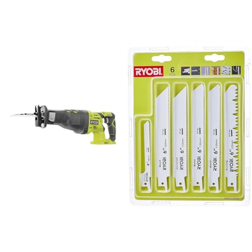 RYOBI - Scie sabre 18V - 0-2 900 cp/min - course de lame 28 mm - capacité bois 200 mm - système anti-vibration - Livrée avec 1 lame - R18RS-0 & Blister 6 lames panachées scie sabre - RAK06RB