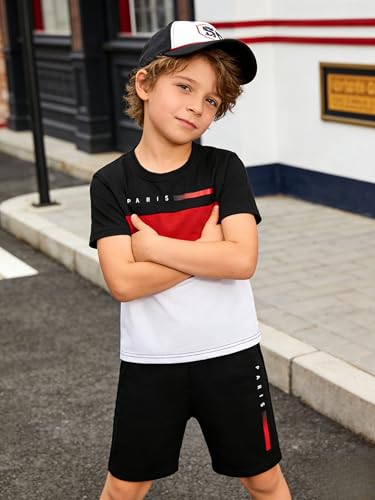 Image of Yoxindax Toddler Kid Boy Clothes Colorblock Letter Graphic Tee Shorts 2PC Summer Outfit Set