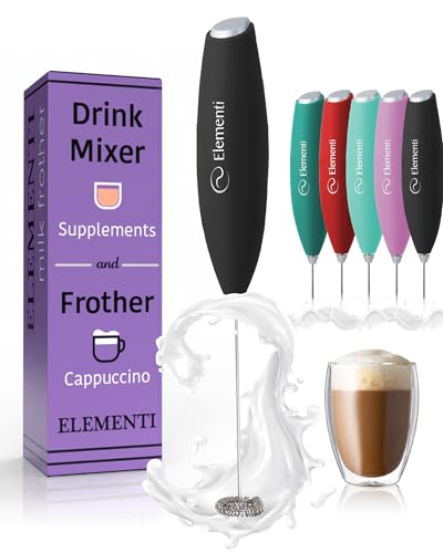 Elementi Drink Mixer Handheld - Electric Stirrer and Powerful Protein Powder Mixer Wand, Easy-to-Use Mini Frother Wand for Quick Delicious Cocktails, Milk Frother and Coffee Stirrers (Black)