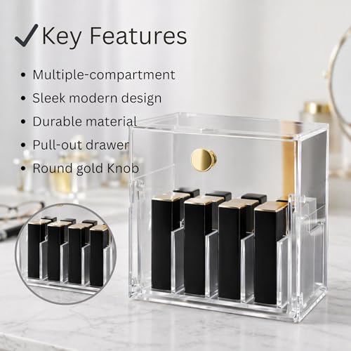 Image of KiZY Luxury Clear Acrylic Lipsstic Nail Polish Makeup Brush Organizer | Elegant Multi-Compartment Makeup & Desk Storage Box for Vanity or Office (Small)
