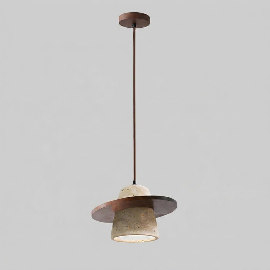 COSRUB Japanese Dome Travertine Hanging Light Fixture, Cone Stone Pendant Lamps with Wooden Disc Mid Century Mini Rustic Chandelier for Bedside Dining Room