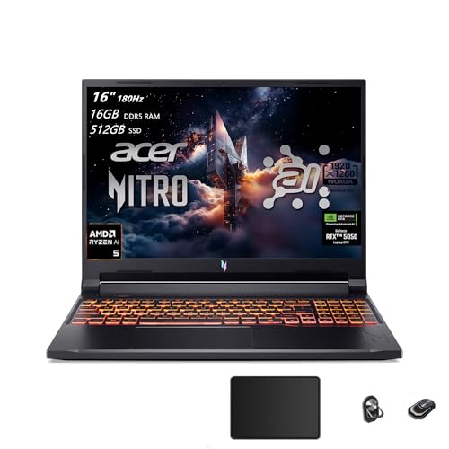 Image of Acer Nitro V 16 AI Gaming Laptop, 16 inch WUXGA IPS 180Hz Display, AMD Ryzen AI 5 240, NVIDIA GeForce RTX 5050 8GB GDDR7 VRAM(Up to 440 AI Tops), 16GB RAM, 512GB, Backlit KB, Win11H, TWE Accessories
