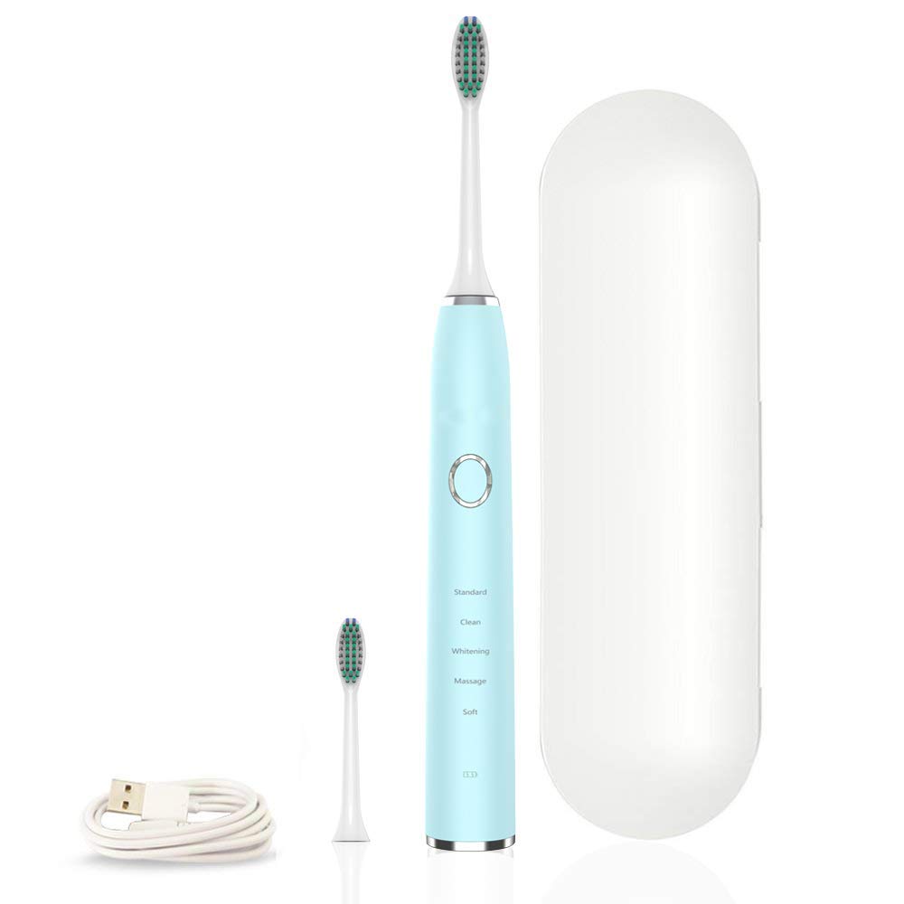 WISSBLUEElectric Toothbrush - USB Rechargeable smart sonic toothbrush travel Set care with Smart Timer - Deep Clean, 2 Replacement Heads, 5 Modes Brushing for Adults and Kids (Sky Blue)