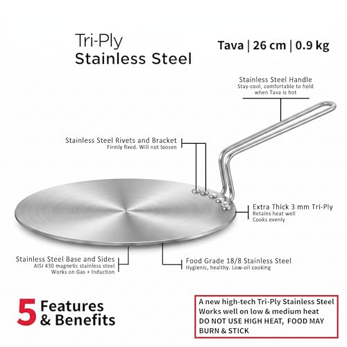 Image of 26cm Triply Stainless Steel Roti Tawa Induction Base