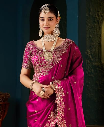 Image of DHARMEE Women's Silk Saree with Embroidered Blouse Piece, Traditional Parte Wear with Gold Border and Hand Work Lace Embellished, Solid /Plain, Applique, Woven, Bollywood Jimmy Jimmy, Satin Saree