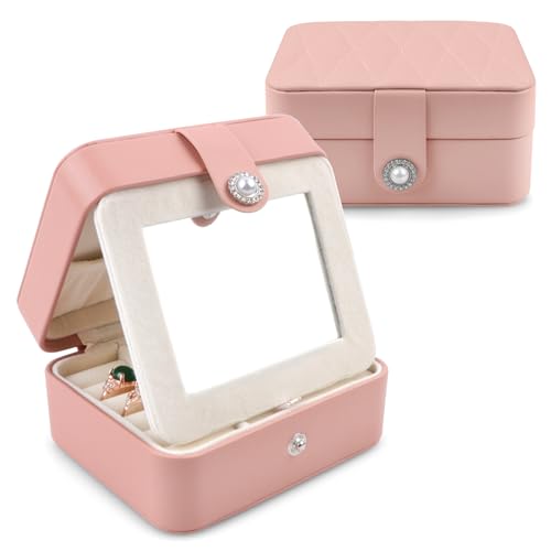 Homeanda Joyero organizador de viaje pequeño de piel sintética con espejo para aretes, anillos, collares, joyas, estuche de almacenamiento para adolescentes, niñas y mujeres (rosa)