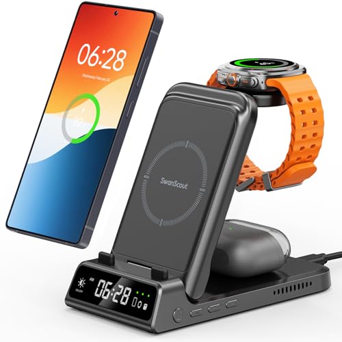 Cargador Inalámbrico para Samsung S26 Ultra/S26+, 3 in 1 Estación de Carga para Samsung S25/S24/S23/S22/S21, Galaxy Watch 8/8 Classic/Ultra/7/6/5/4, Galaxy Buds, SwanScout 703S (No Adapter)