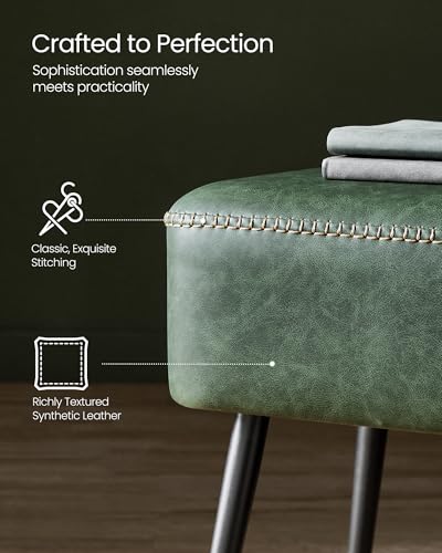 Image of VASAGLE Bench for Entryway, PU Leather, Steel Legs, Loads 660 lb | Ottoman Bench, Transitional, with Stitching, Bedroom, Living Room, Forest Green, EKHO Collection ULOM076C01