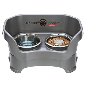 Neater Feeder Deluxe Mess Proof Dog Bowls Elevated for Medium Sized Breeds–Made in USA–No Spill Raised Slow Feeder Elevated Dog Bowl Stand Stainless Steel Food and Water Bowl Set Grey