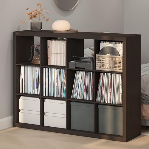 Image of Furinno Cubicle Record Player Stand, 12-Cube Record Storage, Dark Oak | Vinyl Storage, 1.68 inchInch Triple Thick, Open Back Media Shelf for CD DVD Bluray Game Disc, for Living Room, Home Office