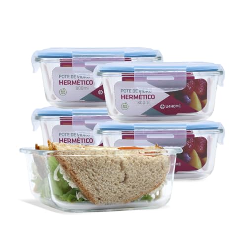 Conjunto 5 Potes Vidro Hermético Marmita Mantimentos Tampa Plásti...