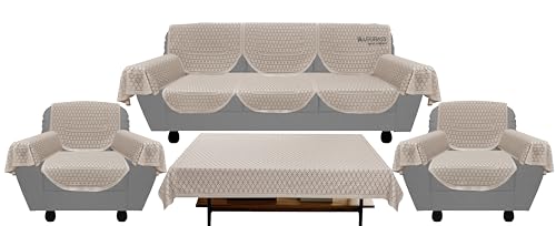 BLUE GRASS Floral Net Fabric 5 Seater Sofa Cover Set with Arms Cover & 1 Centre Table Cover Combo || 12 Pieces || Cream. (Cream)