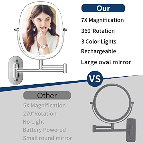 Touchfeel Wall Mounted Makeup Mirror, 9 Inch 1X/7X Magnifying Mirror With 3 Color Light, Double Sided 360° Swivel Extendable Bathroom Mirror With Dimmable Led Light For Bedroom #TOP4