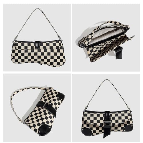 Checkered Crossbody Bag Y2k Checkerboard Saddle Bag Plaid Shoulder Purse with Buckle Strap Retro Punk Saddle Purse 2000s4
