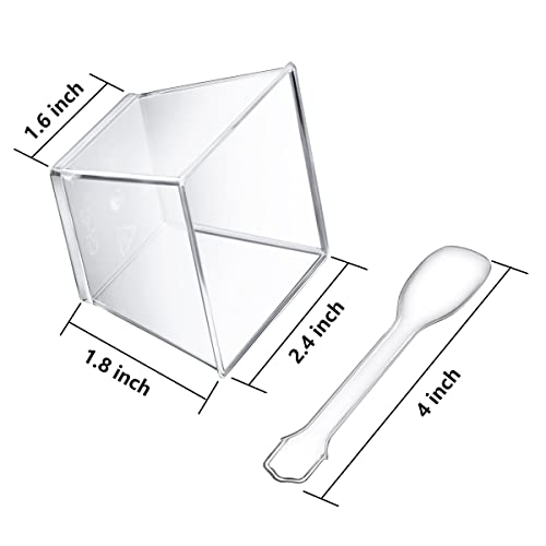 Poever 3.8 oz Plastic Dessert Cups with Spoons 50 Pack, Clear Square Mini Dessert Cups Appetizer Cups Parfait Cups Tumbler Cups for Mousse Puddings, Party Supplies