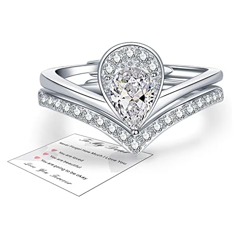 925 Sterling Silver Rings Adjustable Engagement Wedding Eternity Promise Rings for Women Girl Couples Bridal Ring Sets Diamond Teardrop Droplet Rings His&Hers Cubic Zirconia Thumb Rings Jewellery Box Cover