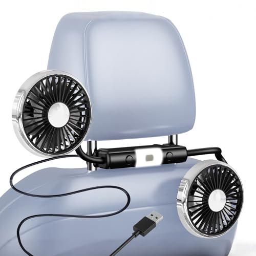 NIFBANG USB Ventilator Auto 11 5-16 5 cm Kopfstütze Lüfter 360 Verstellbar Flexibler Schlauch Doppelkopf Mini Leiser Auto Fan mit 3 Stufen & Licht für Kinder Baby SUV PKW LKW Wohnmobil Ventilator
