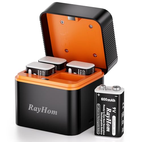 RayHom 4 Pack 9V Rechargeable Lithium Batteries 600mAh 9 Volt Long Lasting Power with 4 Slot Battery Storage Box for Smoke Alarms Multimeters Microphones Walkie-Talkie Toys