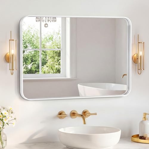 Image of Sweetcrispy Bathroom Mirror 40x30 Inch Metal Framed Rounded Rectangle Vanity Mirror for Wall, Over Sink, Farmhouse, Restroom, Anti-Rust, Modern Decorative, Horizontal or Vertical Hanging, White