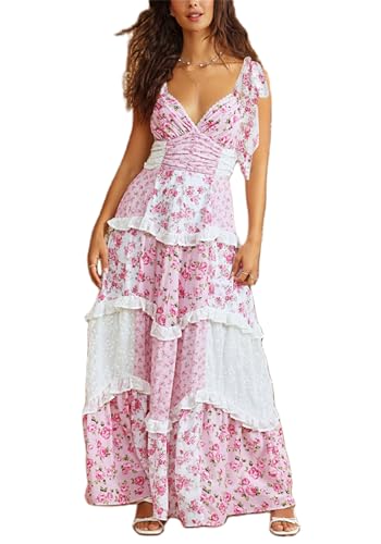 Women Tie Shoulder Boho Floral Maxi Dress Y2k Smocked Flowy Lace Sundress Spaghetti Strap Summer Long Beach Dress
