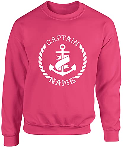 Hippowarehouse Personalised Name Captain Anchor Unisex Jumper Sweatshirt Pullover (Specific Size Guide in Description) White