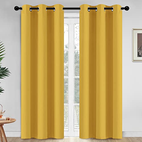 Yakamok Blackout Curtains Room Darkening Thermal Insulated Window Panels,Solid Grommet Top Drapes for Bedroom/Living Room(42Wx84L, Mustard Yellow, 2 Panels)